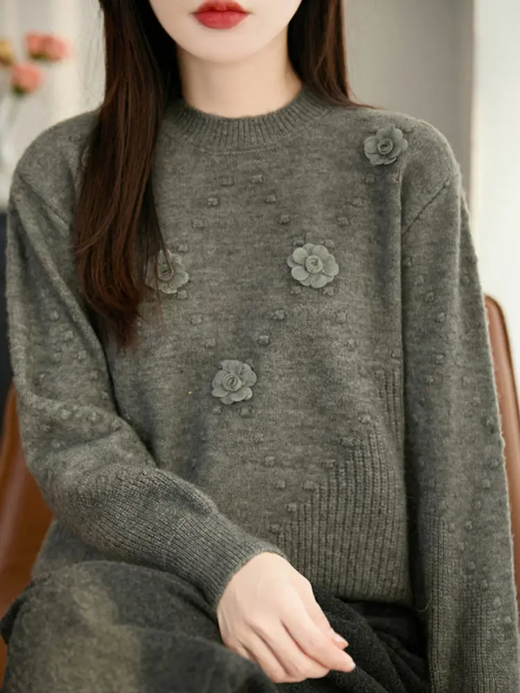 

Мягкий белый женский свитер ort round Ne Knitted irt Sweet Young Floral 3D осенне-зимняя верхняя одежда повседневного свободного покроя