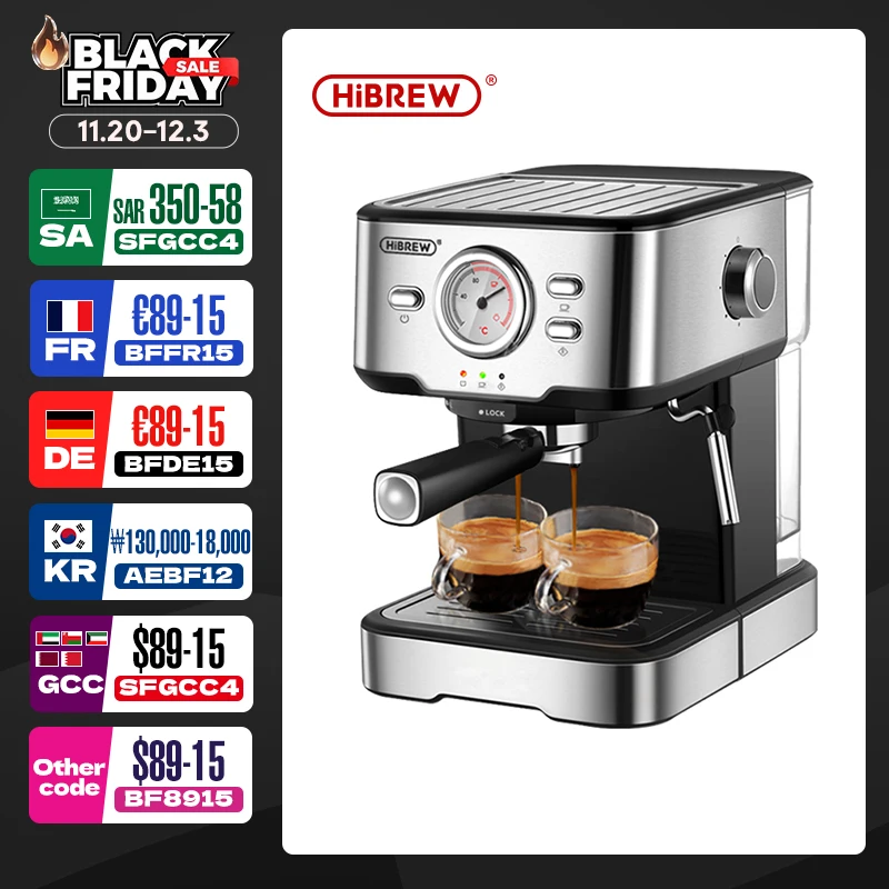 HiBREW Máquina de Café Cafetera 20 Bar Espresso inox Semi Automática Expresso Cappuccino Água Quente Vapor Temperatura Display H5