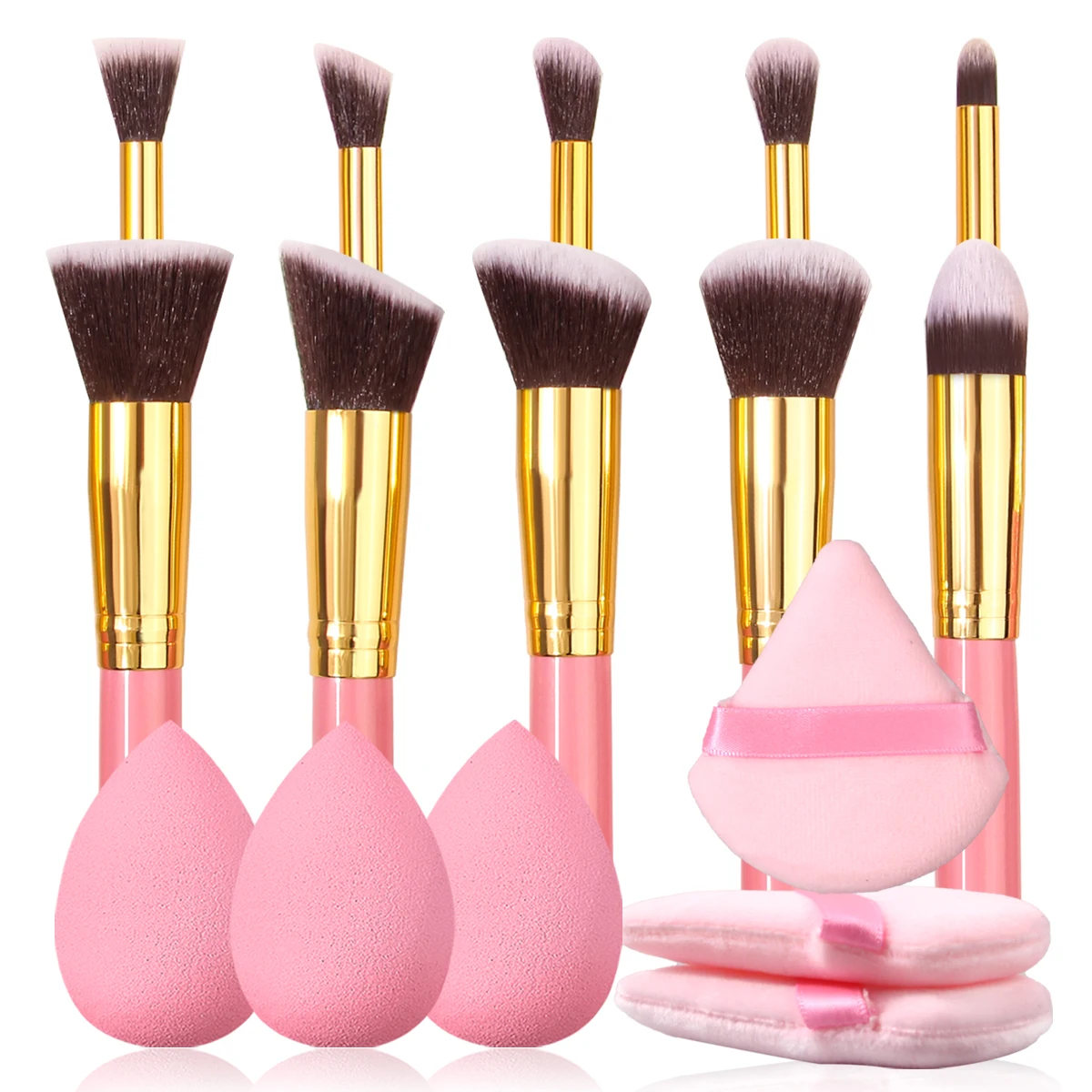 16PCS 10 soft hair beginners portable makeup brush set +3pcs dry and wet sponge makeup egg +3pcs setting triangle powder puff