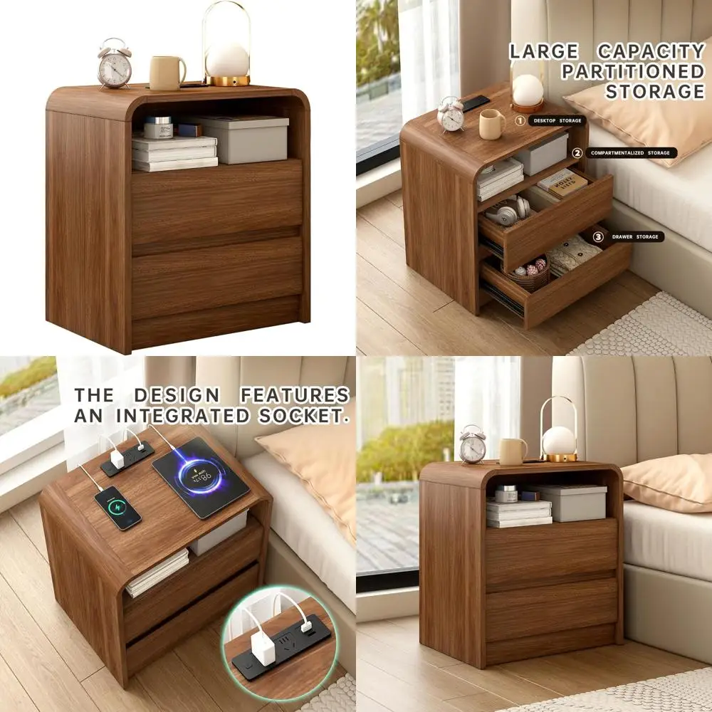 Mesita de noche moderna de mediados de siglo de 23,6 pulgadas de ancho, estación de carga, diseño anticolisión curvo, gabinete de almacenamiento preintegrado