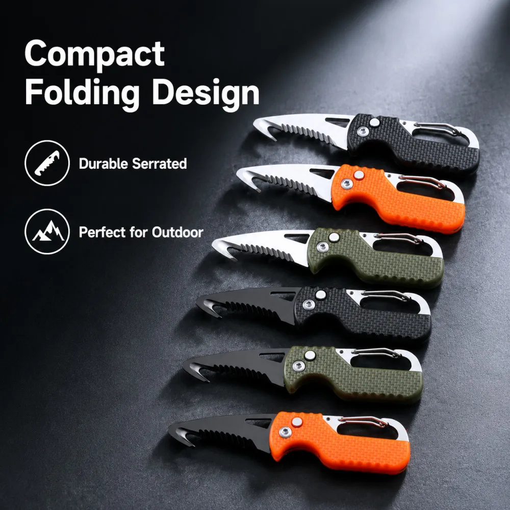 Folding Hook Cutter Stainless Serrated Parcel Unboxing Knife Portable Keychain Outdoor Camping Carry-on Tool