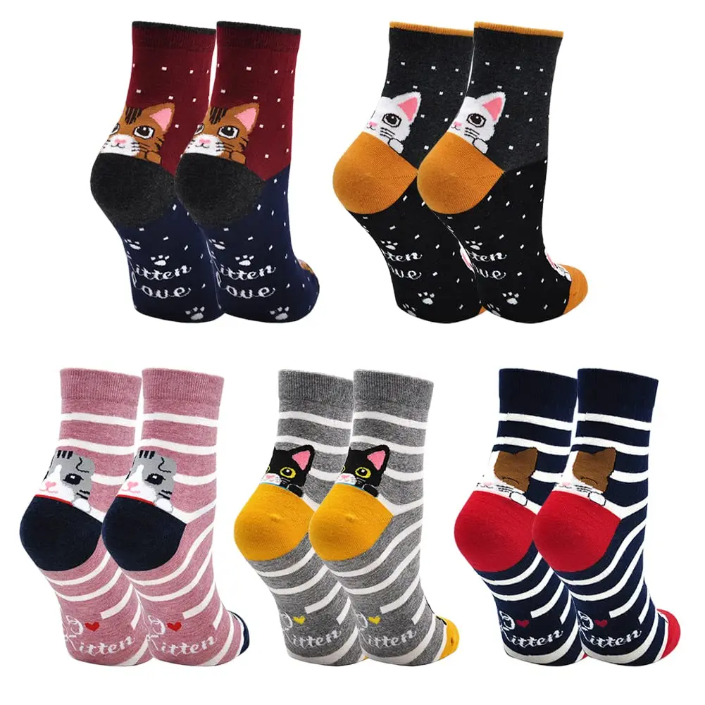 5 pares de calcetines bonitos de gato para mujer, calcetines de algodón con animales de dibujos animados, conjunto de regalo divertido y colorido para gatito, medias informales