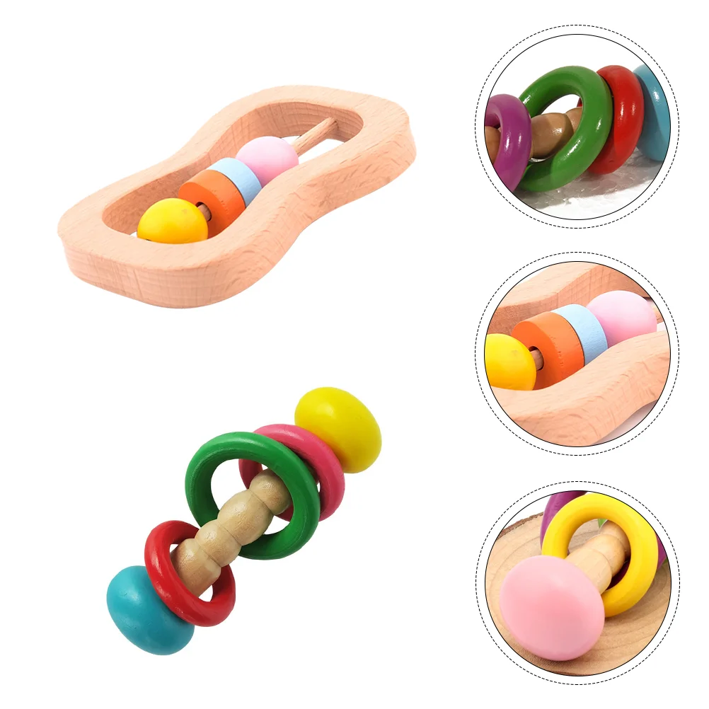 2 PCS Babies Wooden Hand Rattles Infants Children’s Creative Baby Handbell Chewing Funny Plaything Multifunction