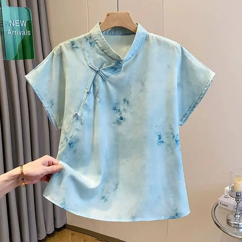 Women's Chinese Style Tie Dye Linen Blouse Mandarin Collar Frog Button Short Sleeve Casual Summer Top