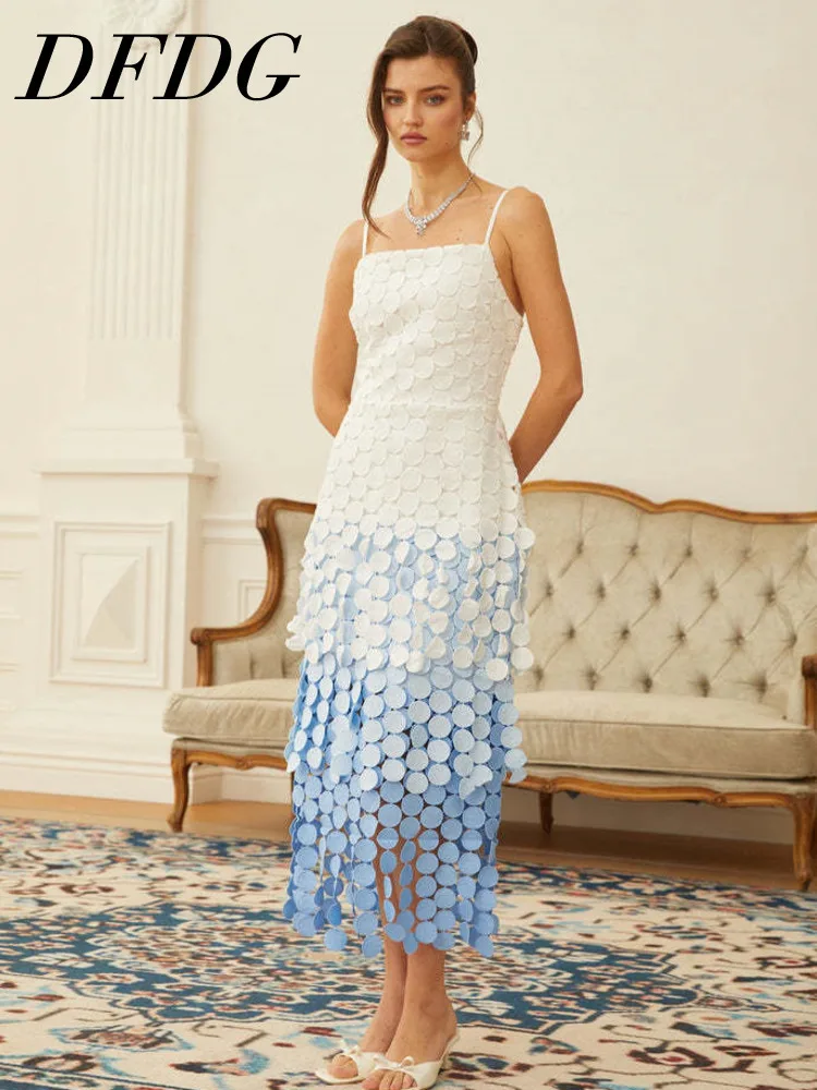 DFDG-vestido Midi elegante para mujer, camisola de imitación con flecos de disco degradado, vestido único con recorte bordado Retro, primavera y verano, 2025