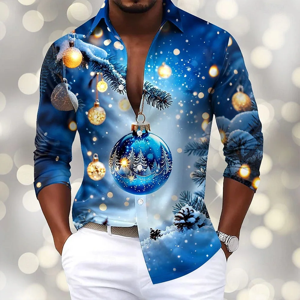 3D print Christmas light decorations pattern funny long sleeve shirt for men Fun Festive Costumes and Outfits lapel button shirt