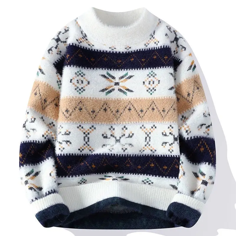 

Men's Imitation Mink Fleece Casual Sweaters Half-high Collar Printing Simple Fashionable Tops Harajuku Thick Plush Pullovers