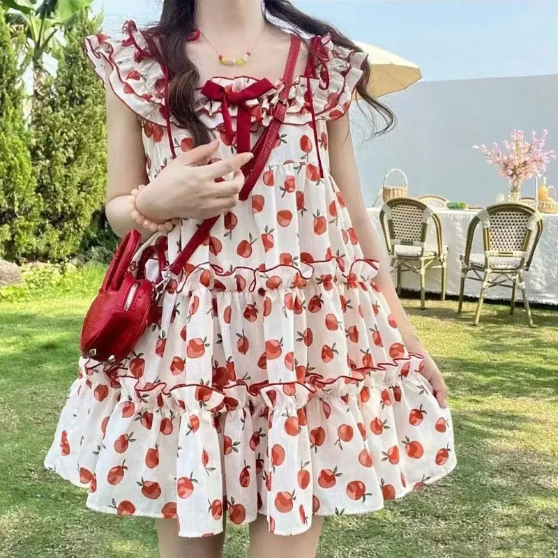 Stylish Folds Slash Neck Dresses Bow Sweet Printed Female Clothing Sleeveless 2024 Summer Loose A-Line Casual Spliced Midi Dress