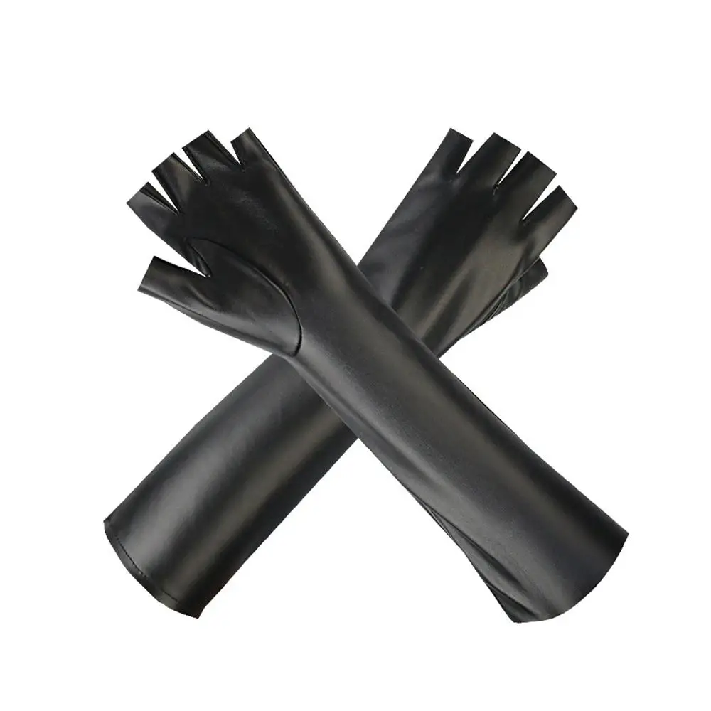 Long PU Leather Fingerless Glove Women's Black Half Finger  Gloves Motorcycle Driving Halloween Gloves Work Club Party Gloves