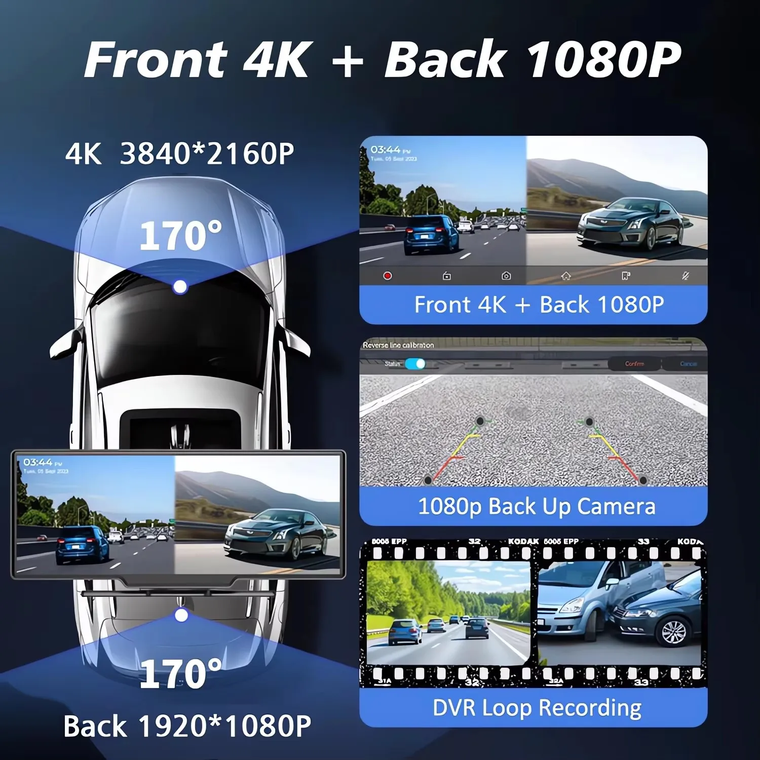 4K 3840*2160P Dash Cam Car DVR with Carplay Android Auto GPS 5G WiFi Stream Rear View Mirror Dashcam Camera Drive Recorder FM BT - view 3