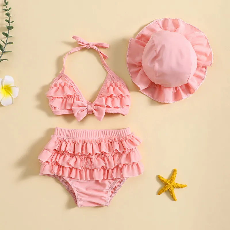 

RUEWEY 0 to 24 Months Baby Girls Summer Swimwear Outfit Sets Hanging Neck Tops + Layered Ruffle Shorts + Hat