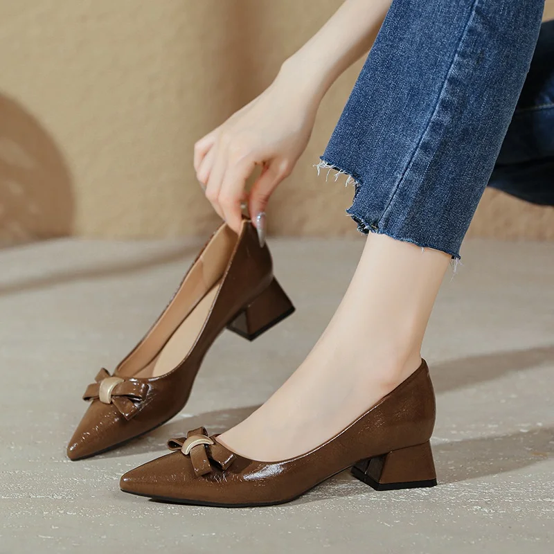 Casual Heels Lady Chunky Heel Bow-tie Fashion Sexy Heel Shoess Pointed Toe Women Footwear Lady Pumps Sexy Evening Shoes S092