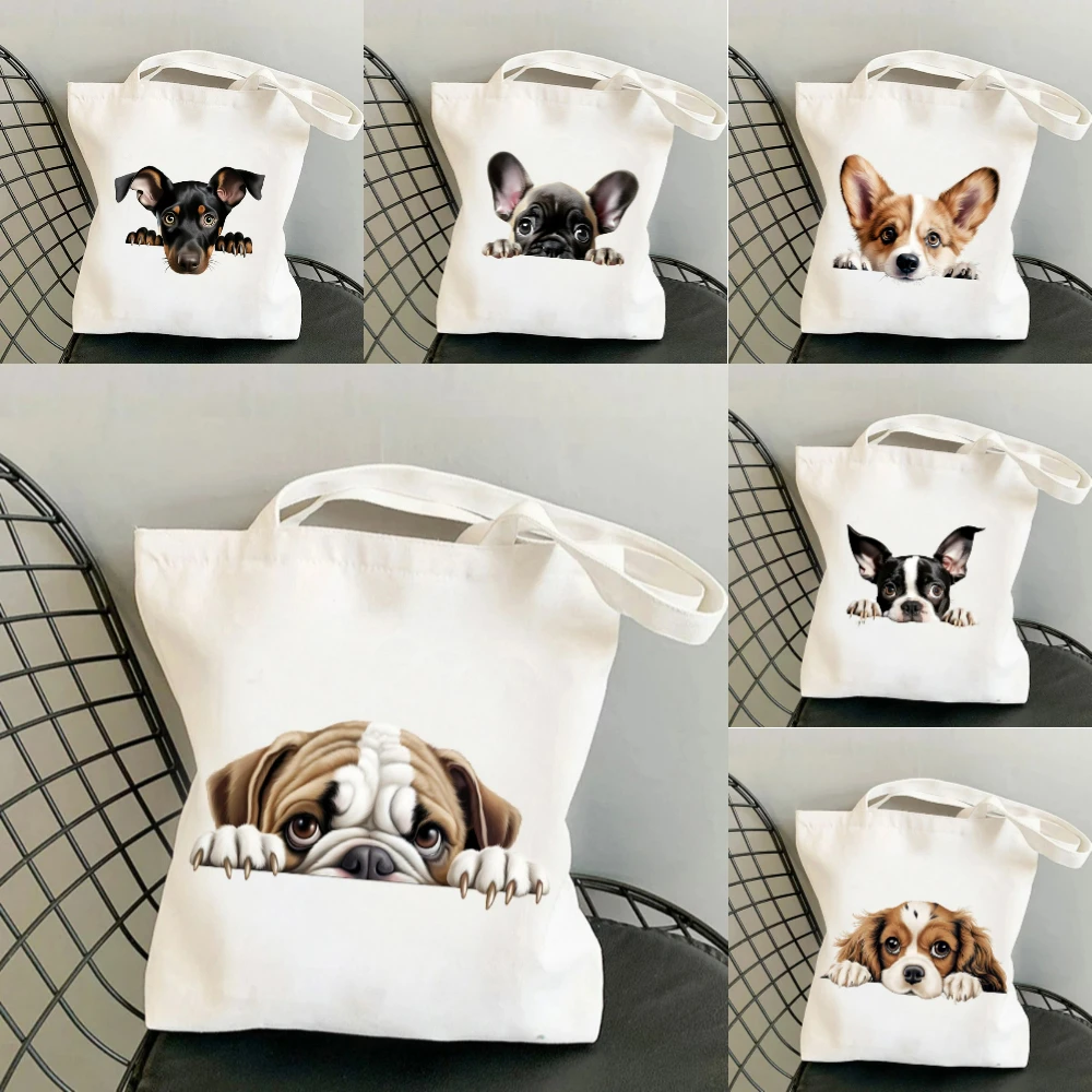 Peeking Dog Breed Canvas Tote Bag, Cute Dog Corgi Print Reusable Shoulder Bag, Casual Daily Handbag for Dog Lovers, Gift