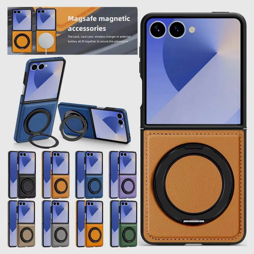 New Ring Stand Magnetic Leather Case For Samsung Galaxy Z Flip 7 6 5 4 3 Z Flip7 Flip Case Magsafe Phone Cover Wireless Charging