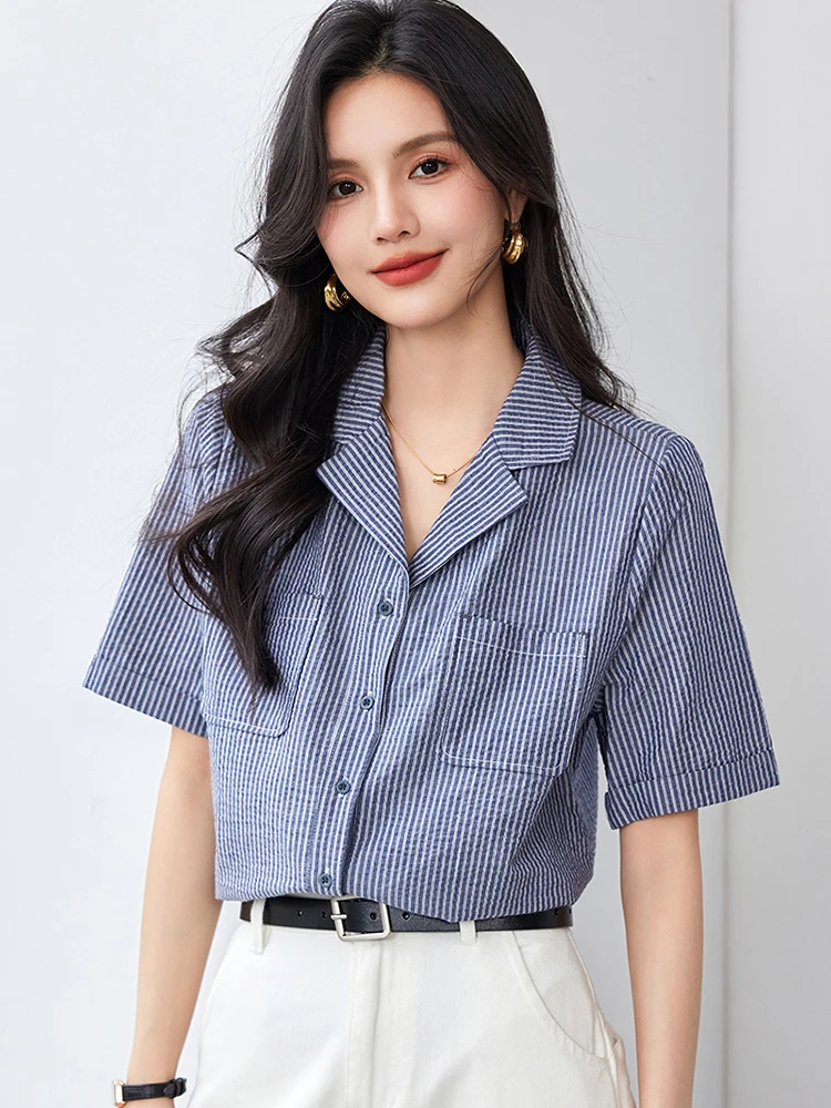 Harajuku Style Summer Women\'s Shirts Short Sleeve Suits Collar Blue Striped Female Blouse Office Lady Elegant Shirts