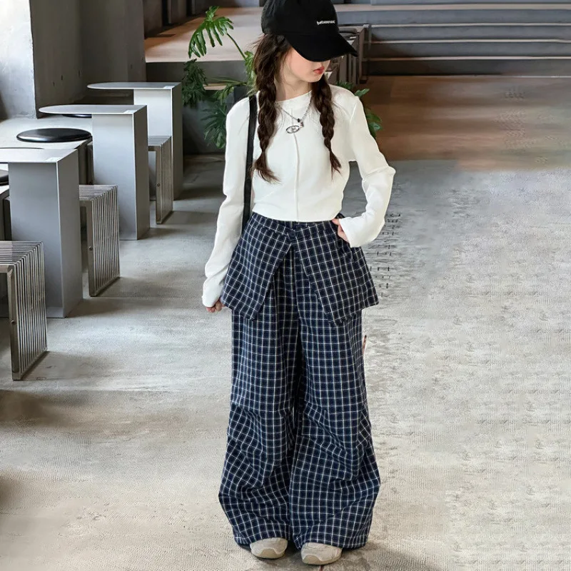 

Korean Autumn Junior Girls Cargo Pant Plaid Patchwork Teenager Girls Wide Leg Pant High Waist Casual Children Girls Trouser