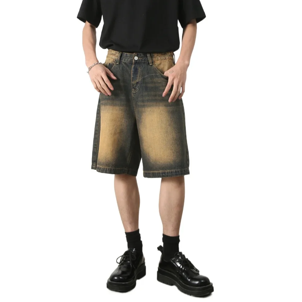 

Ins Ins Джинсовые шорты Мужские свободные мешковатые короткие джинсы с высокой талией Уличная одежда Брюки Джинсовые брюки до колена Лето