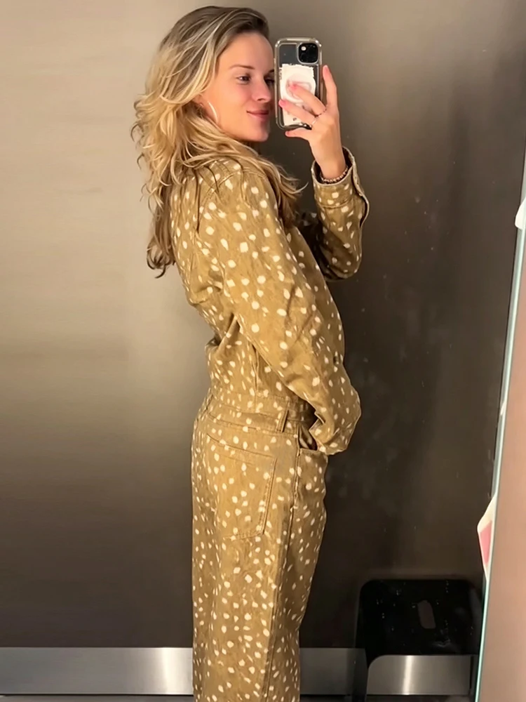 Retro Amerikanischer Hirsch-Punktdruck 2-Teiliges Outfit Reißverschluss-Jacke Knopflose Weite Hose 2026 Winter Neue Lässige Damen-Hosen-Sets – Detail 7