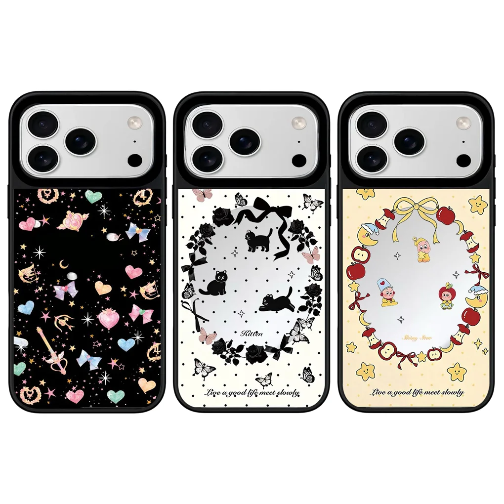 

Colorful Hearts Mirror Surface Black Border Magnetic Phone Case for IPhone 17 16 15 14 13 12 Pro Max Cover