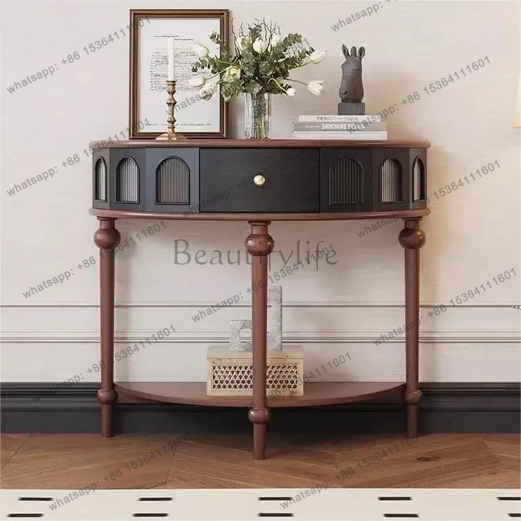 Retro Roman Column Entryway Antique Side Cabinet Entryway Hallway Light Luxury Semi-Circular Glass Sideboard