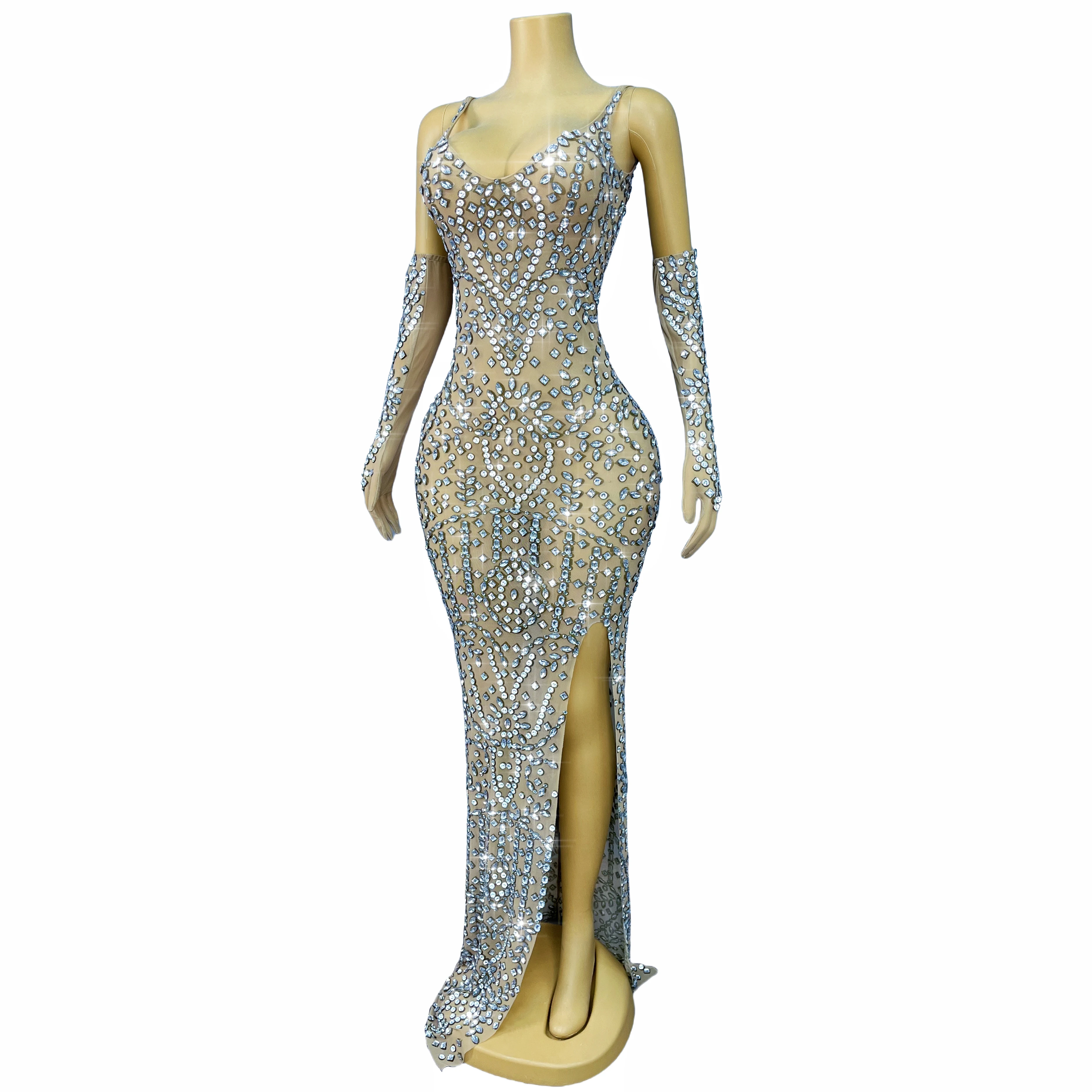 Elegancka suknia wieczorowa z wysokim rozcięciem, zdobiona wysokiej jakości błyszczącymi cyrkoniami, na ramiączkach, z rękawiczkami, strój na pokaz mody, suknia Xingyunzuan