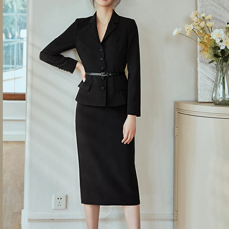 Recommended Intellectual Black Fashion Suit Female 2022 Spring New Commuter Slim V-neck Slim Top Skirt Elegant Two-piece Set