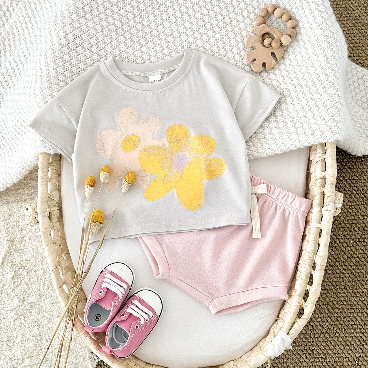 New Toddler Girl Outfit Baby Clothes Set Newborn Baby Girls Summer Clothing Suit Sun Flower Print T-shirt+Beach Shorts 2Pcs/Sets