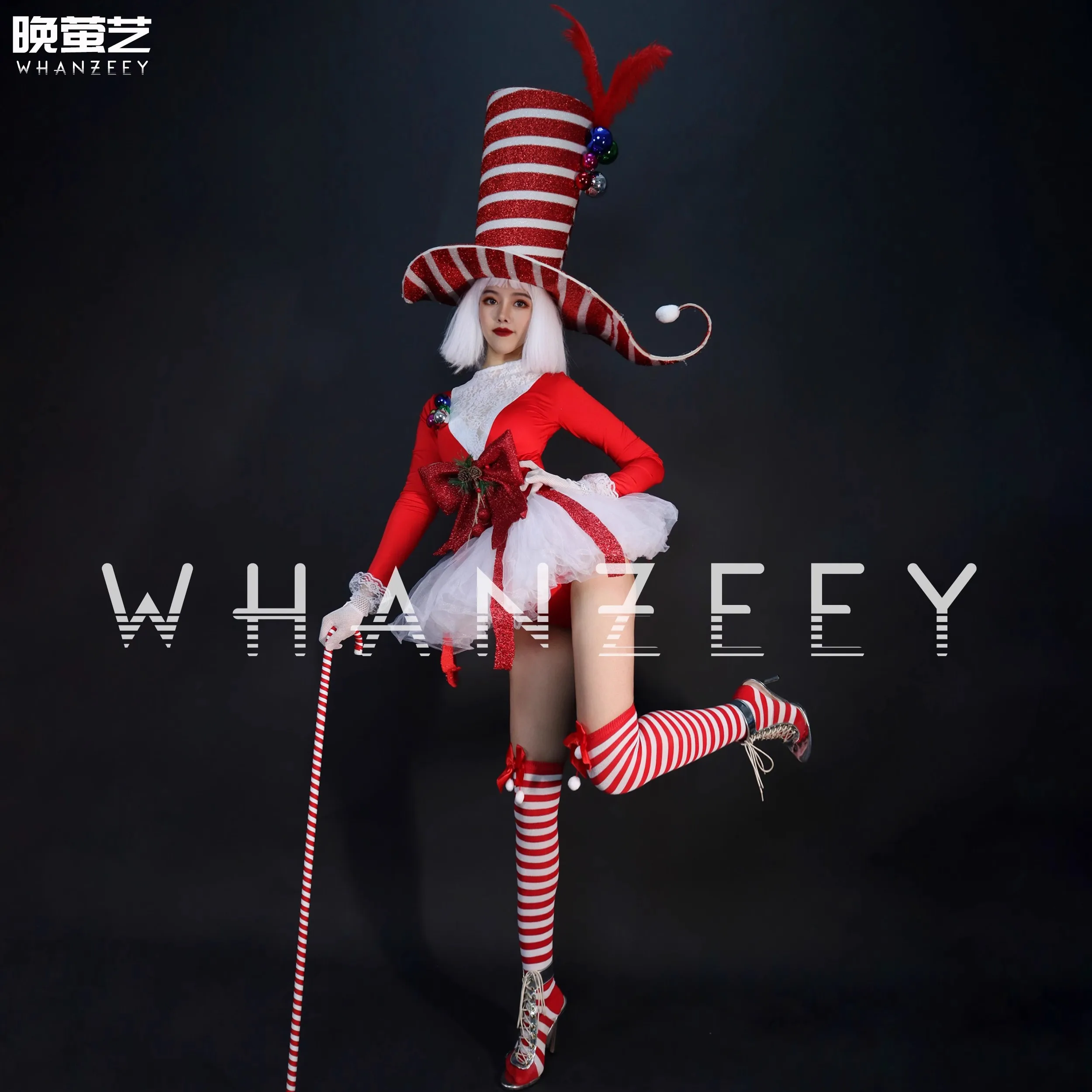 Bar Gogo Kerstkostuum Rood Wit Gestreept Overdreven Grote Hoed + Outfits Carnaval Parade Dsds Zanger Dans Podiumfeest Prom Wear