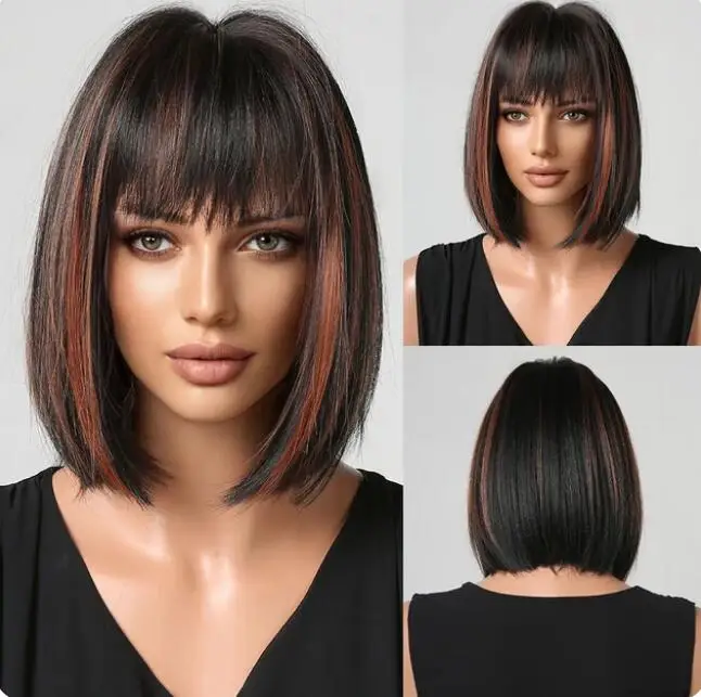 Black Short Bob Wig with Orange Bangs Copper Brown Synthetic Cosplay Hair Wigs for Women Daily Heat Resistant Fibre Wig