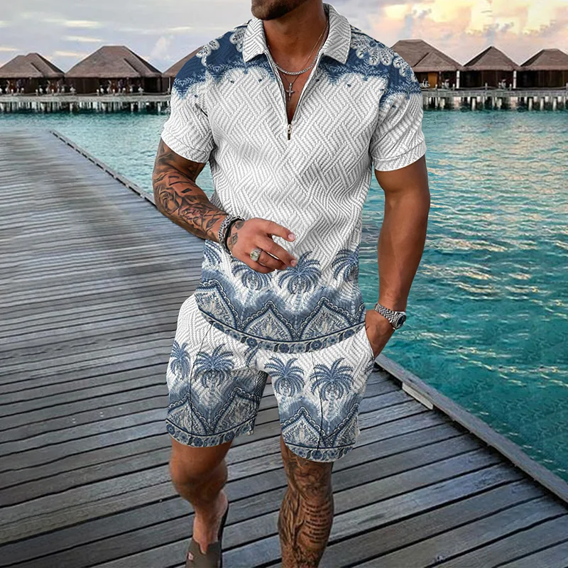 Casual Simple Men's Short Sleeve Sets Fashion Zipper Polo Shirts Shorts 2 Piece Outfit Summer Hip Hop Trend Loose Tees Top Suit