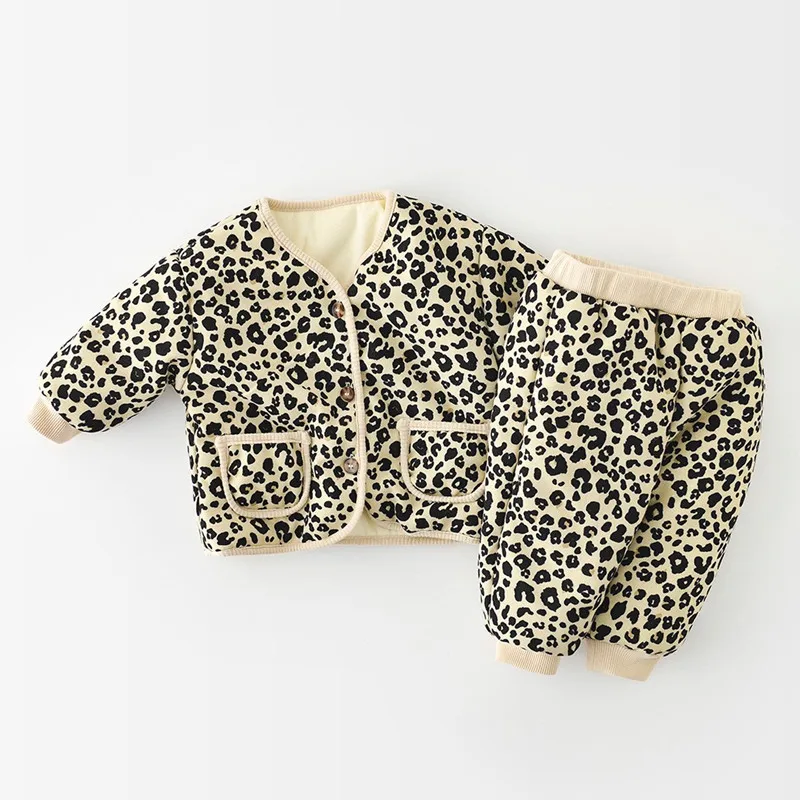 Winter Plus Lamb Thick Warm Leopard Jacket+Pants 2Piece Set Kid Baby Boys Girls Snow Suit Toddler Casual Outwear Go Out Clothes