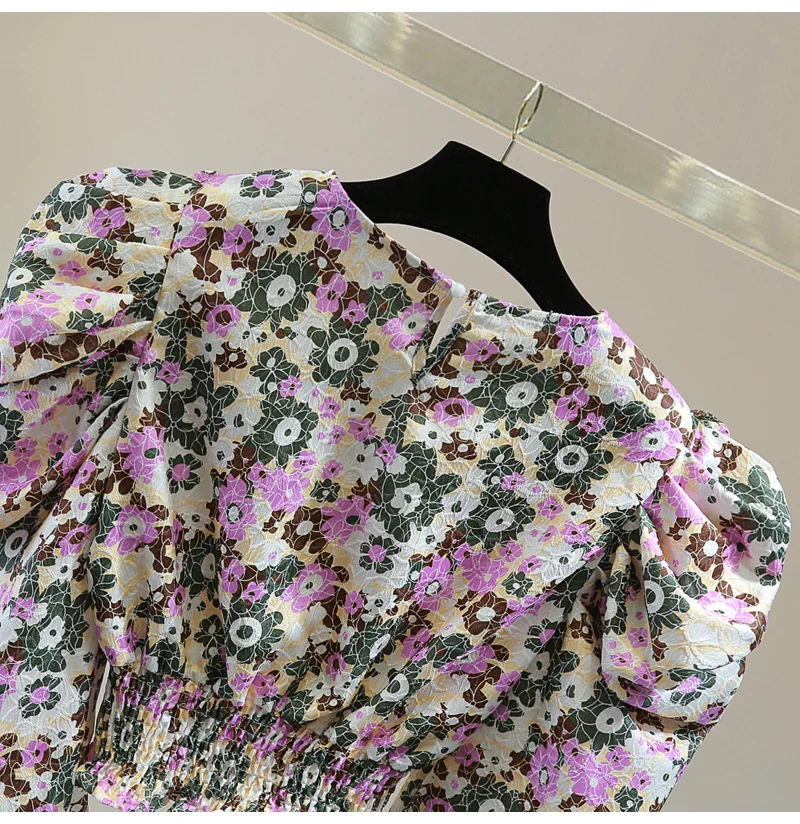 Retro Printed Flower Blouse Women Long Bubble Sleeve Pullover Shirt 2025 Spring Ladies High Waist Short Pleated Waist Top Blusas
