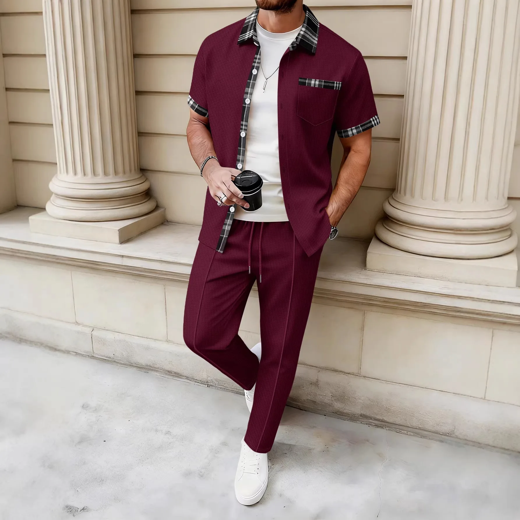 

New men's luxurious waffle knit two-piece set - striped decorative short-sleeved shirt and fitted pants - casual streetwear set