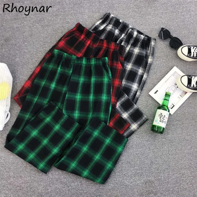 

Wide-leg Pants Womens Spring Korean Style Ins Harajuku Loose Female All-match Vintage Plaid Leisure Ankle-length Students Chic