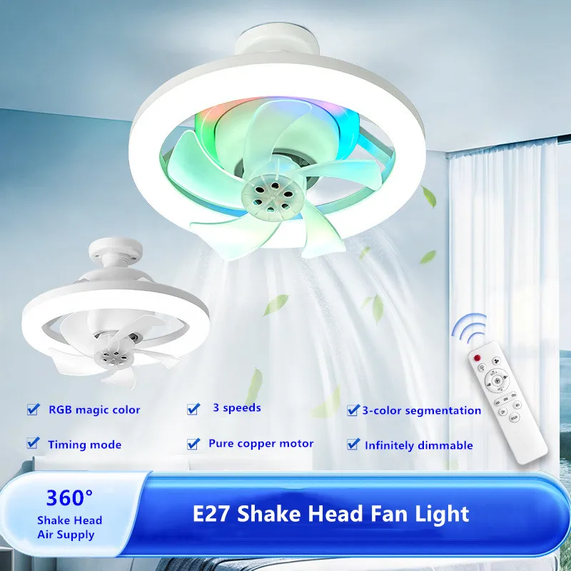 48W RGB & Tricolor LED Fan Lamp 360 ° Rotation Ceiling Fan Light Remote Control AC 110V 220V 3-Speed Electric Fan Lamp for Home