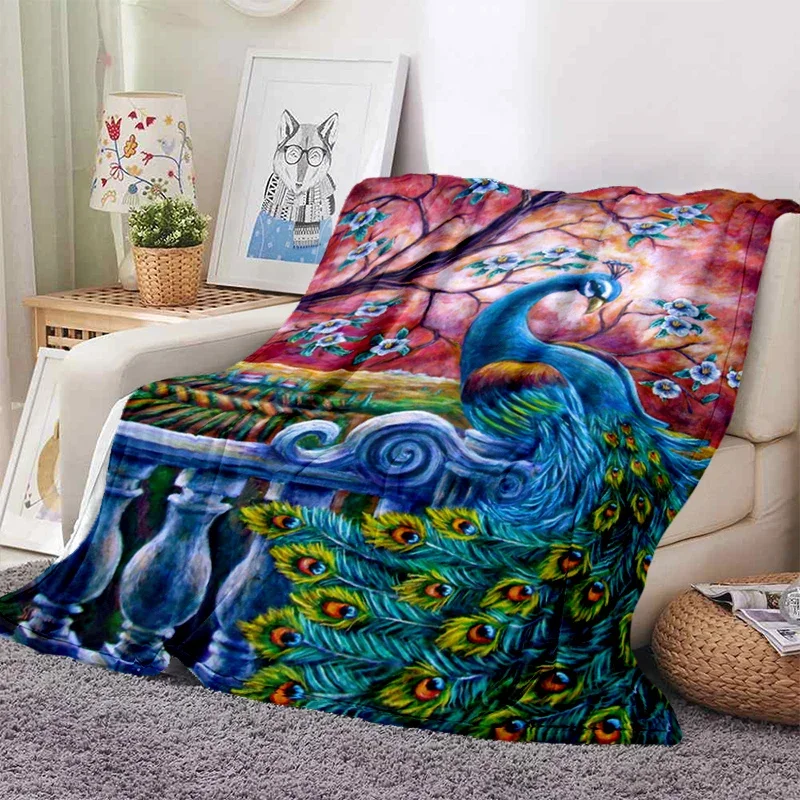 Peacock Pattern Flannel Throws Blanket Ultra King Lightweight Soft Warm for Sofa Couch Bed Decor Kids Adults Travel Camping Gift