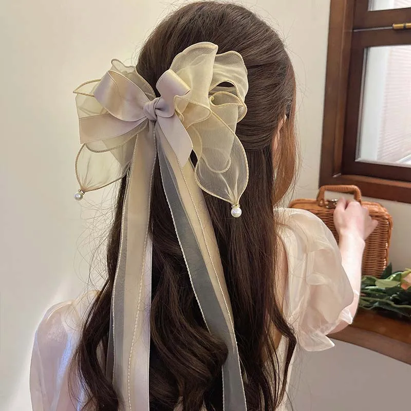 New Large Green Bowknot Ribbon Hairpin for Women 2023 Korean Solid Color Scarf Hairpin Ponytail Clips Girls Hair Accessories