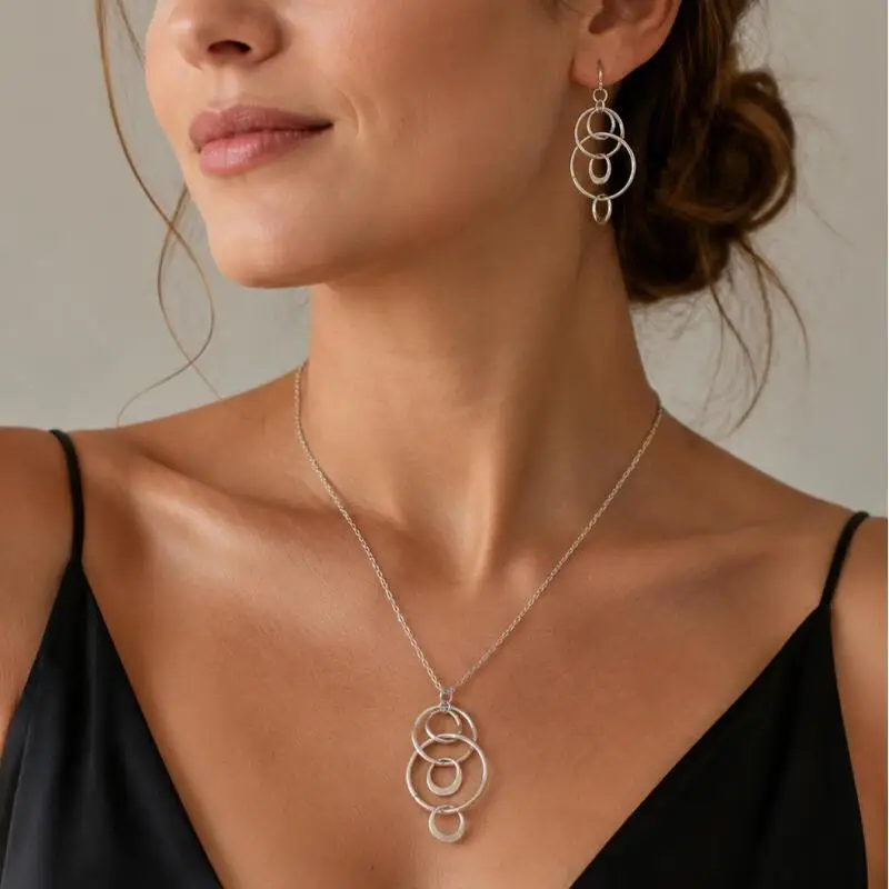 Interlocking Mobius Circle Necklace and Drop Earrings Set for Women, Minimalist Silver Tone Jewelry