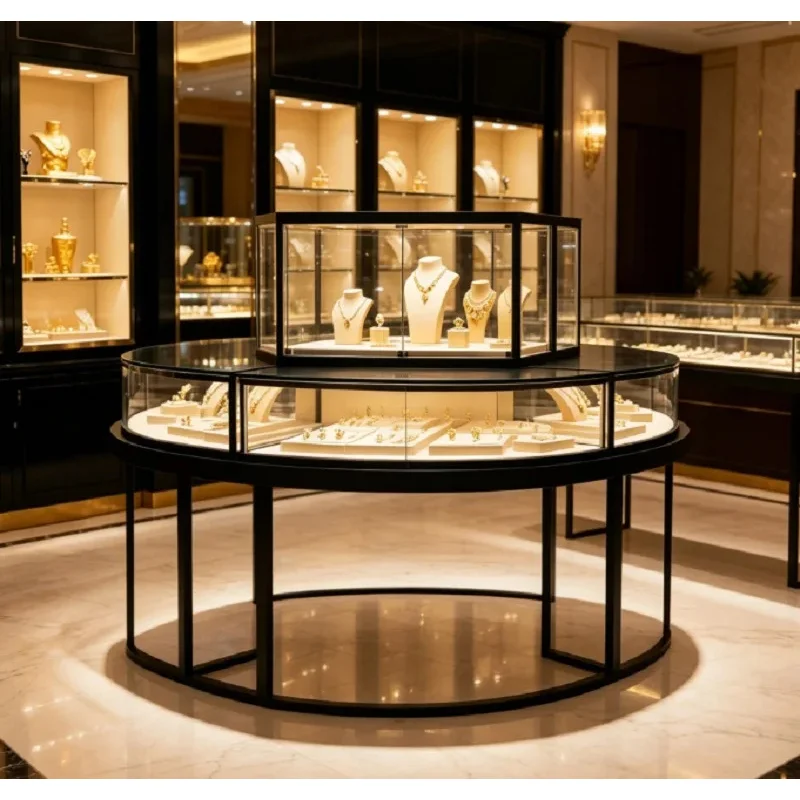 custom.Luxury Black Steel & Gold Jewelry Store Display Set, Complete Turnkey Fixture Package with Central Showcase & Wall Cabine