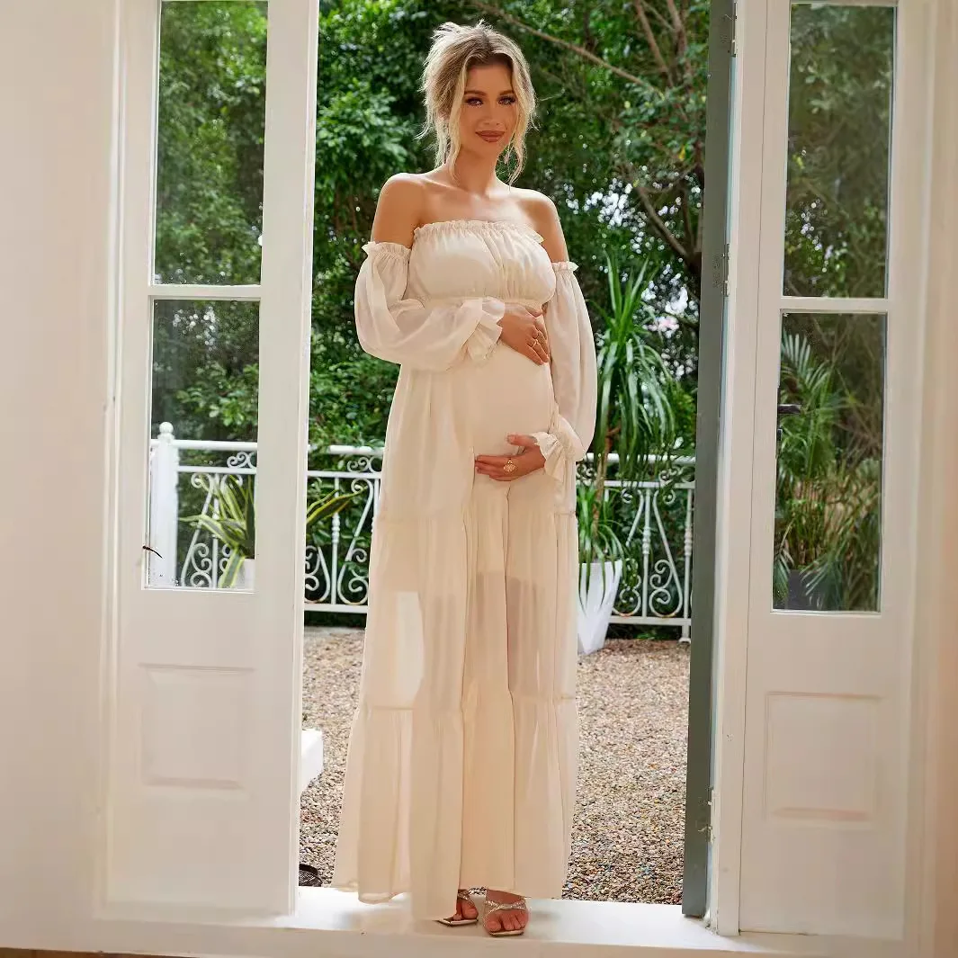 maternity-dress-summer-new-elegant-women's-clothing-temperament-solid-color-frills-split-to-the-thigh