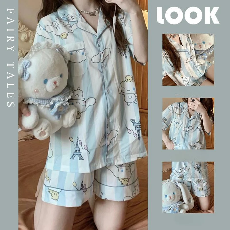 

Girls cute Cinnamoroll printed short-sleeved pajamas women summer new thin home service shorts lapel 2-piece suit.