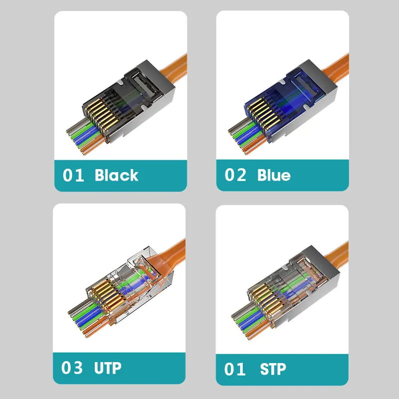 ZoeRax RJ45 Cat6 Pass Through Connectors, Assorted Colors, EZ to Crimp STP Modular Plug for Solid or Stranded STP Network Cable