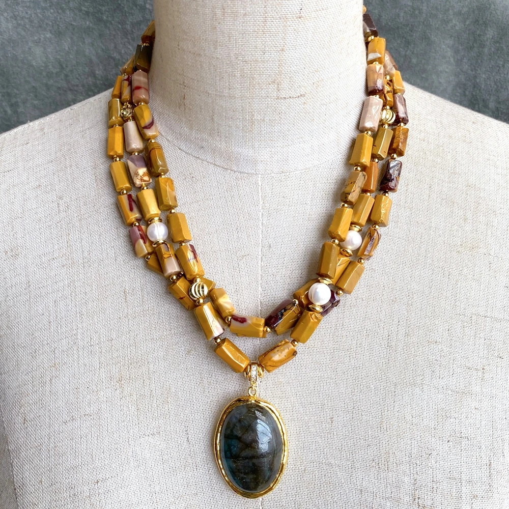 yygem natural Oval Labradorite Pendant 3 strands Natural faceted tube Mookaite Handmade Statement Neckalce