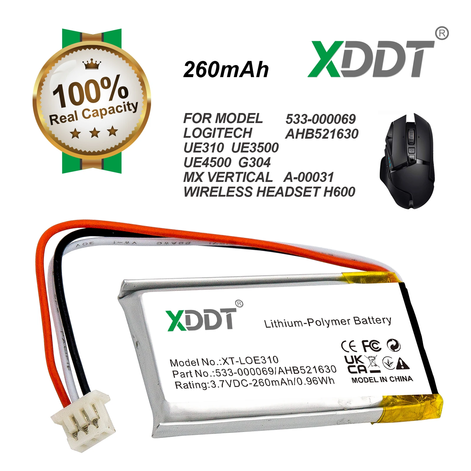 

Сменный аккумулятор XDDT 3,7 В, 260 мАч для Bluetooth-гарнитуры Logitech UE3500 UE4500 UE3100 533-000069 AHB521630, аккумуляторы