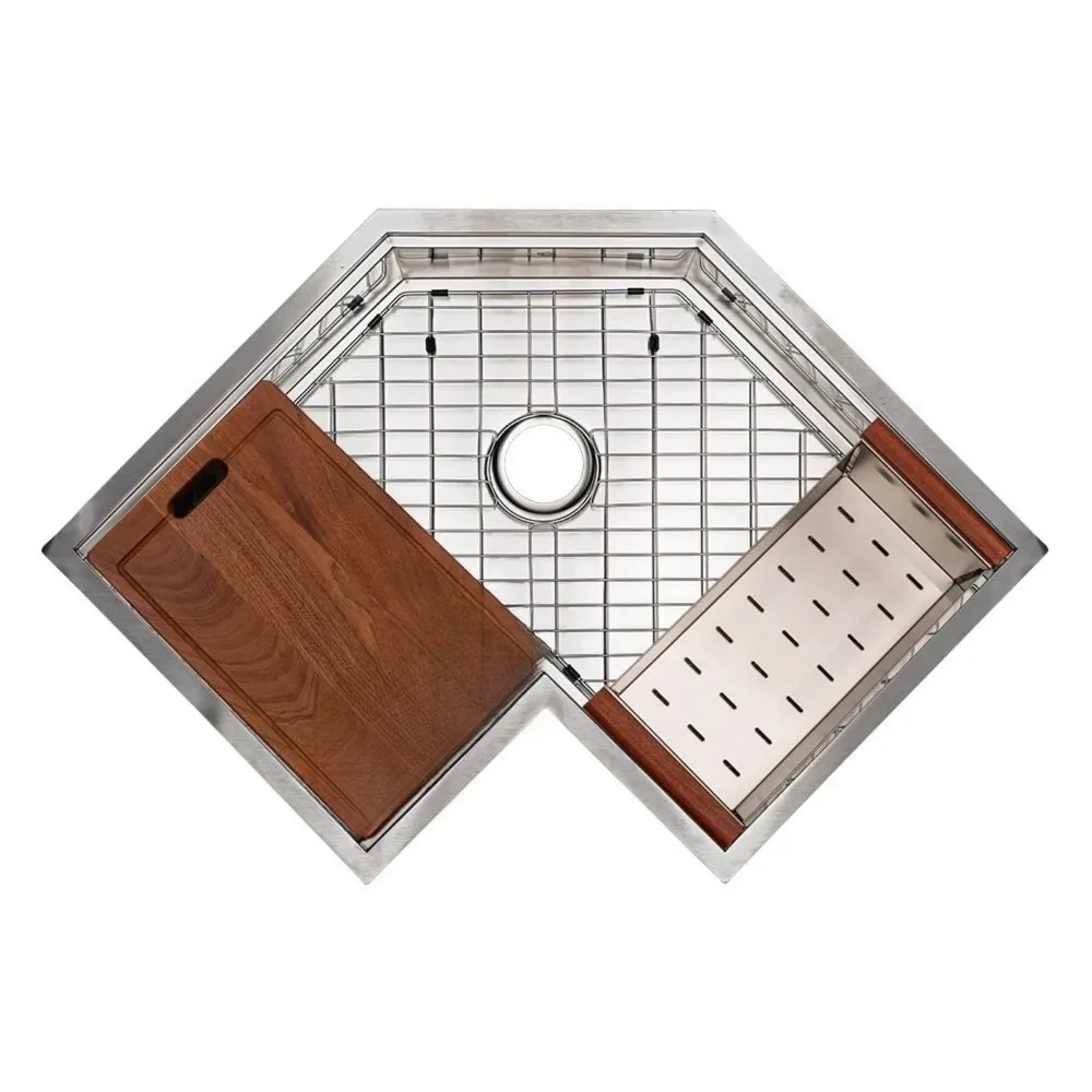 30 Inch Satin Brush Kitchen Under Mount Corner Sink Gold Finish 16 Gauge Stainless Steel Workstation Corner Kitchen Sink