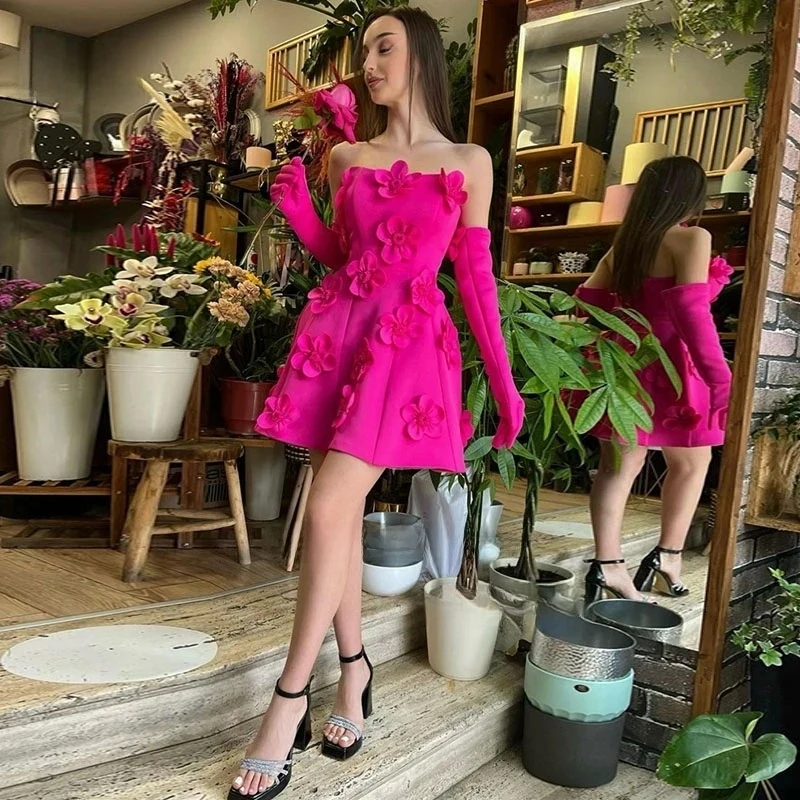 Vestido de Cóctel Mini Fucsia 2026, Vestidos de Fiesta de Lujo con Flores, Sin Mangas, para Fiestas en la Playa, Vestidos de Graduación Personalizados