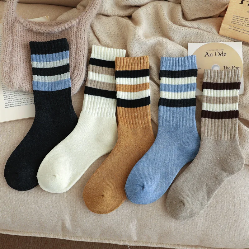 

5 Pairs Ladies' Socks Striped Preppy Style Versatile Mid Tube Socks For Girl Pack Korean Winter Plush Thickened Warm Pile Socks