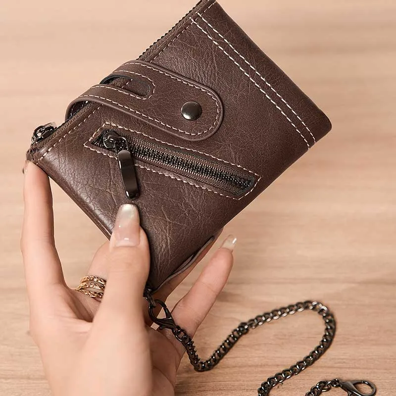 Motorcycle Style Anti-Loss Chain Wallet Retro Mad Horse Pattern Double Zipper Card Holder Tri-Fold Multi-Functional Money Clip