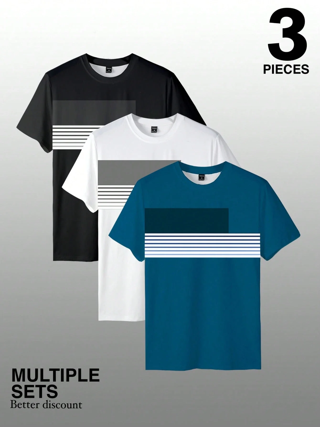 

Men's Colorblock Striped Print Round Neck Short Sleeve T-Shirt 3pcs Summer Casual Tees