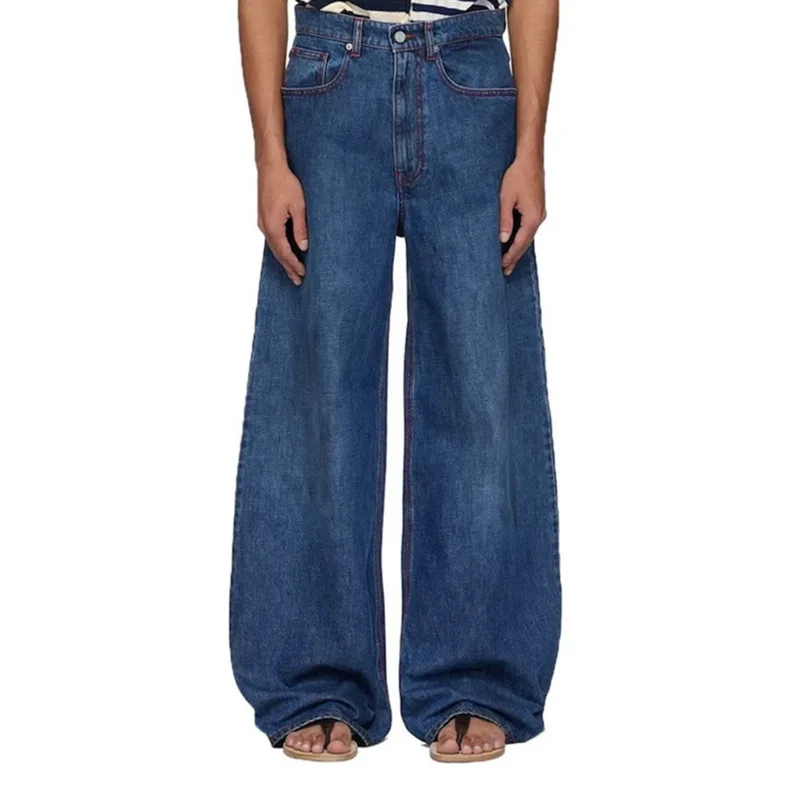 HKSH ฤดูใบไม้ผลิฤดูใบไม้ร่วงใหม่ผู้ชาย Vintage กางเกงยีนส์ล้าง Topstitch Baggy ผู้หญิงขากว้าง Faded Denim กางเกง Chic Ins Hig Street HK8740